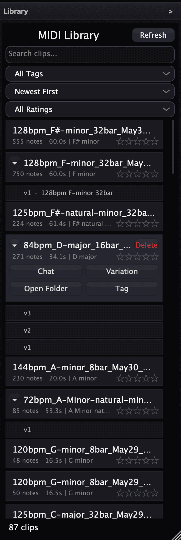 MIDI Library: search, filter, rate, and manage all your generated clips