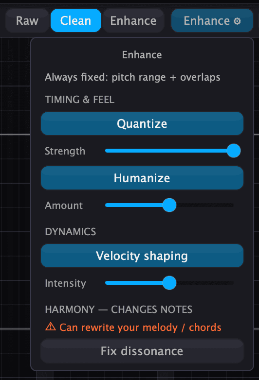 Post-processing controls: Raw, Clean, and Enhance modes