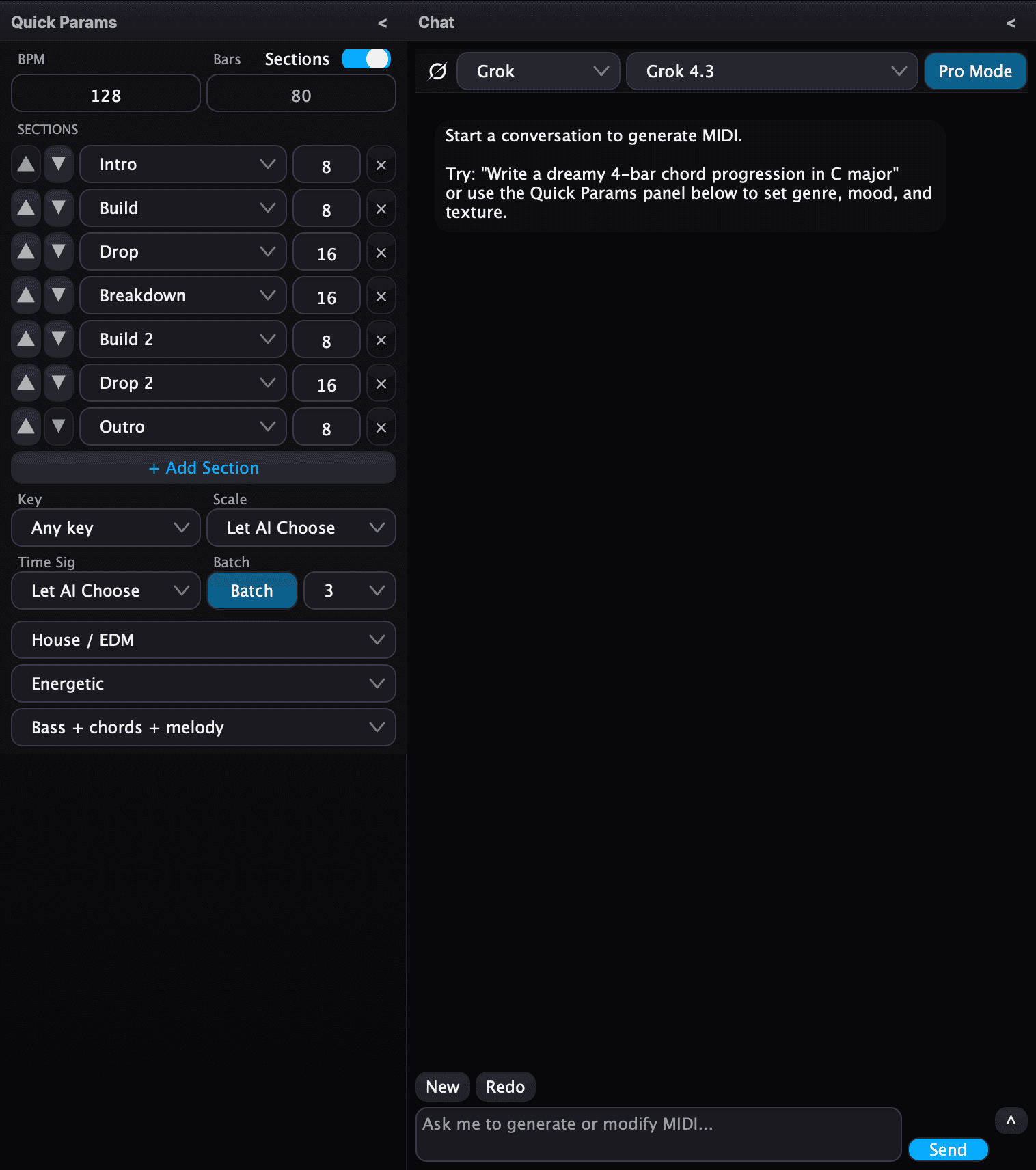 Quick Params panel: BPM, bars, key, scale, time signature, genre, mood, texture