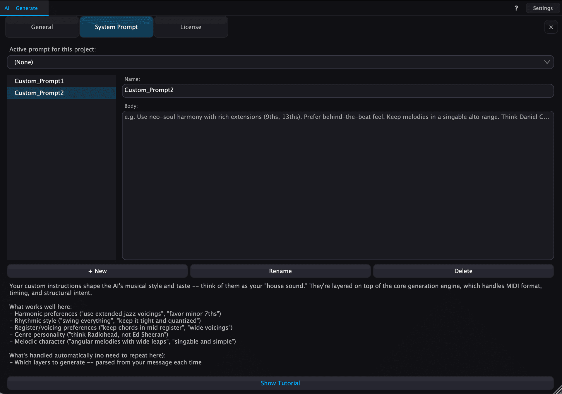 Custom system prompt editor — define your house sound