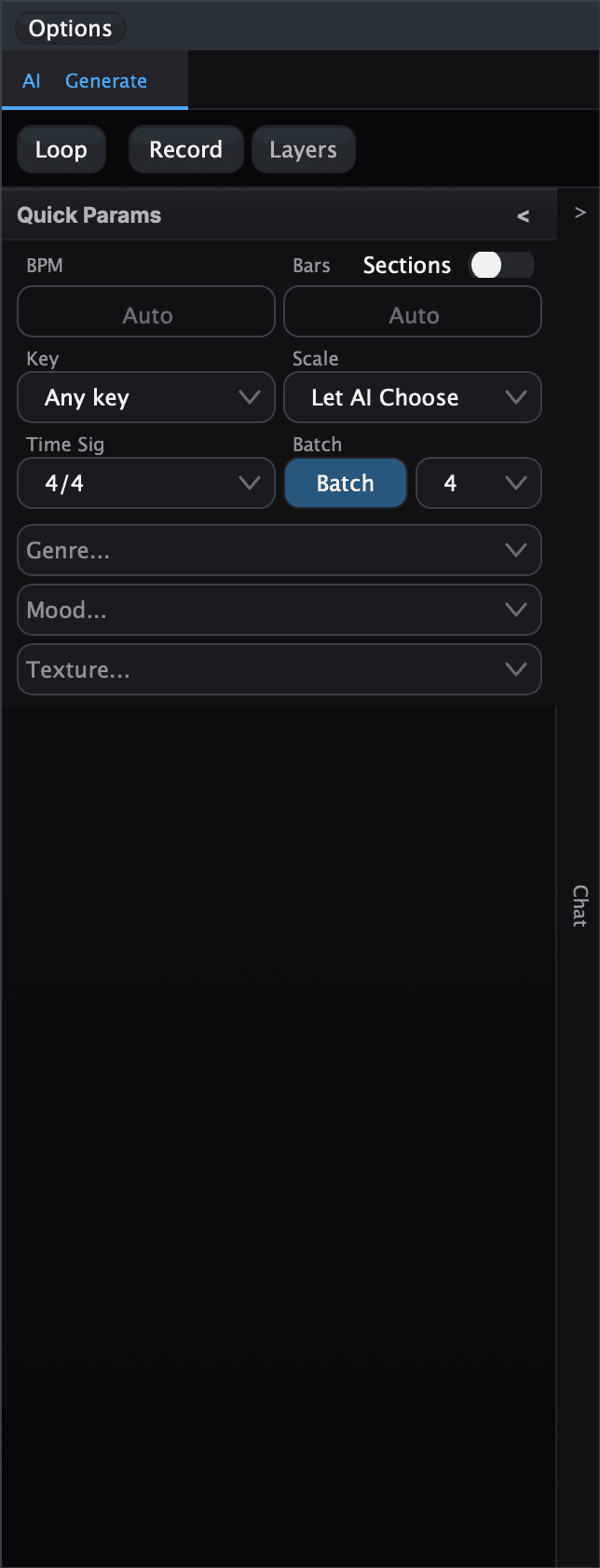 The Quick Params panel showing BPM and Bars both reading Auto, a Sections toggle, Key and Scale selectors, Time Sig, a Batch toggle with a count of four, and the Genre, Mood and Texture dropdowns.