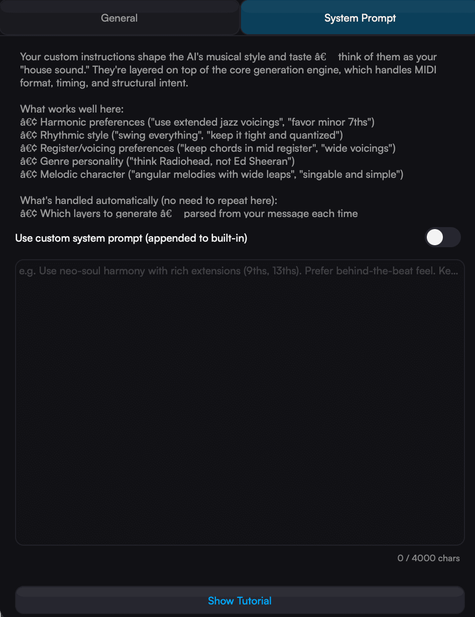 Custom system prompt editor — define your house sound