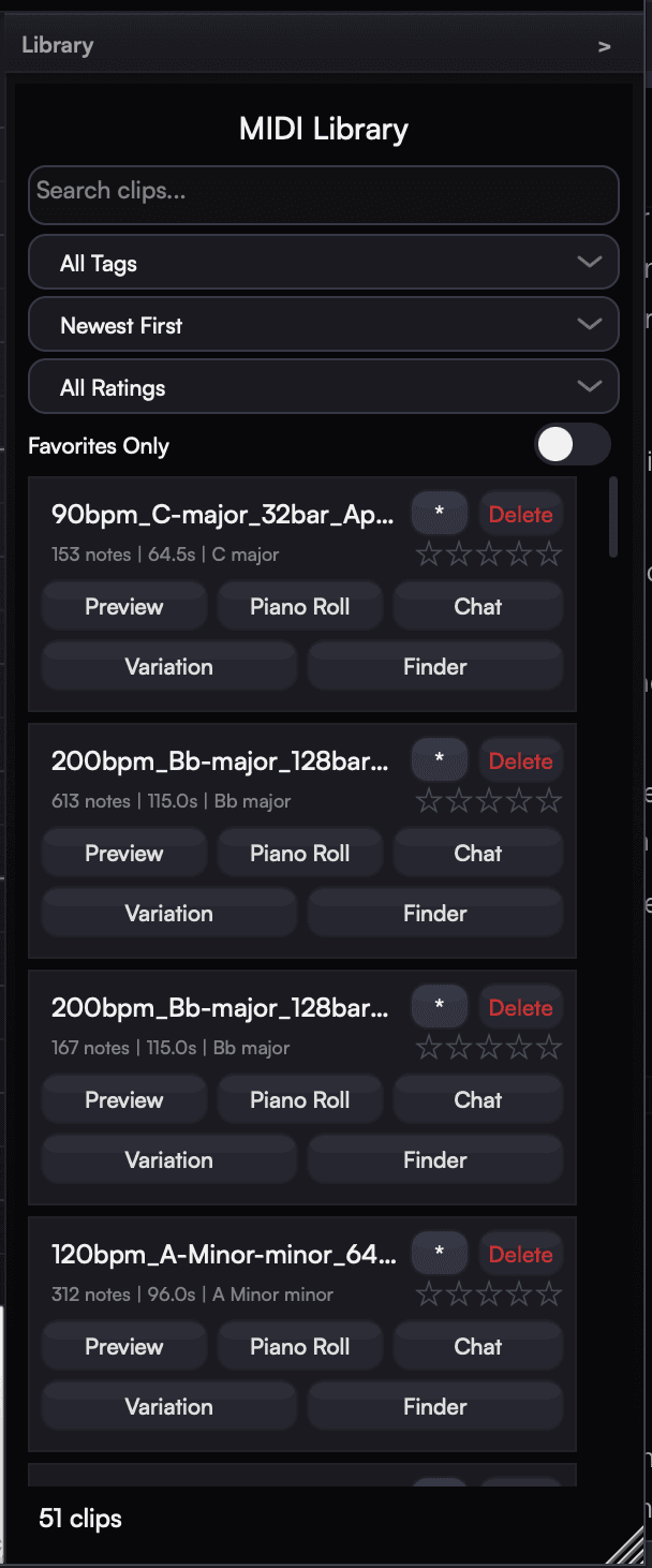 MIDI Library — search, filter, rate, and manage all your generated clips