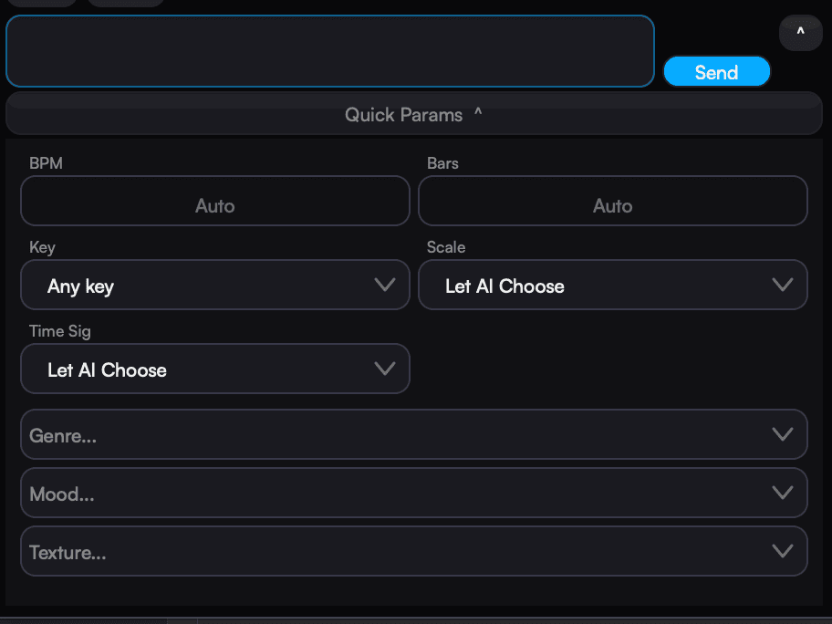 Quick Params panel — BPM, bars, key, scale, time signature, genre, mood, texture