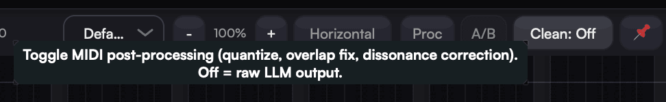 Piano roll toolbar — zoom, view mode, processing toggle, A/B compare