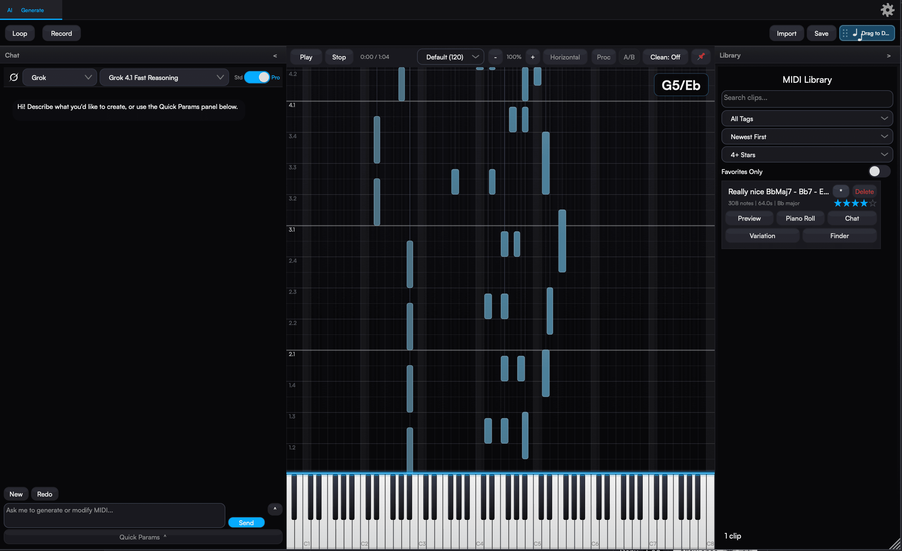 Aether — AI co-producer interface with chat and piano roll
