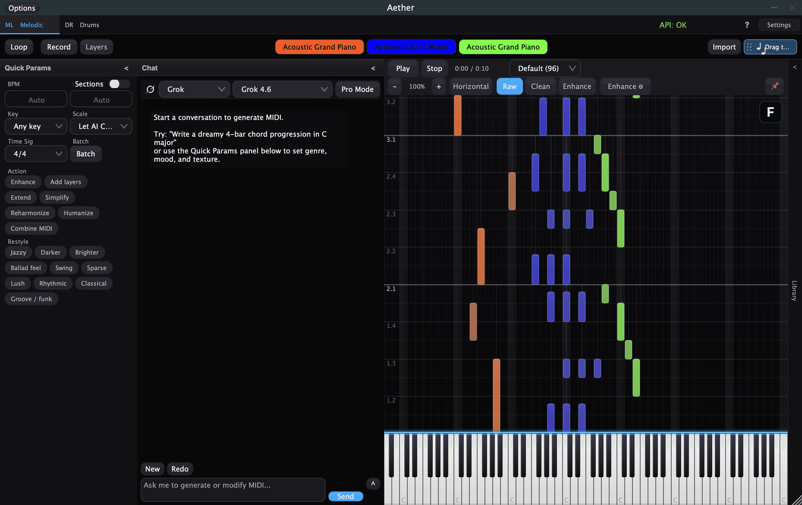 Aether on the Melodic tab: a Quick Params panel of key, scale and restyle actions on the left, a chat in the middle, and a piano roll on the right showing three coloured layers above a keyboard.