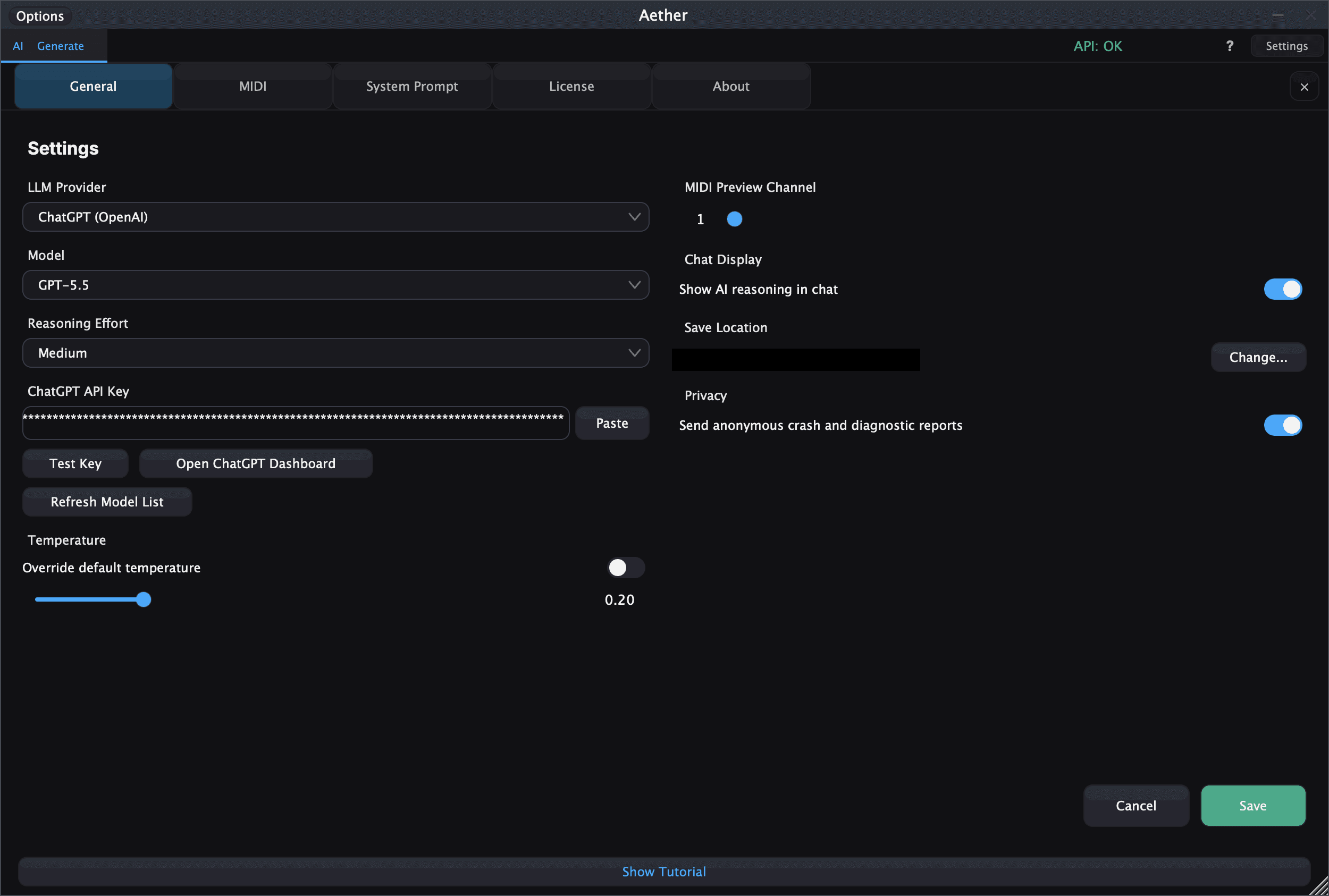 Aether settings: provider, model, reasoning effort, the masked API key, and the Refresh Model List button